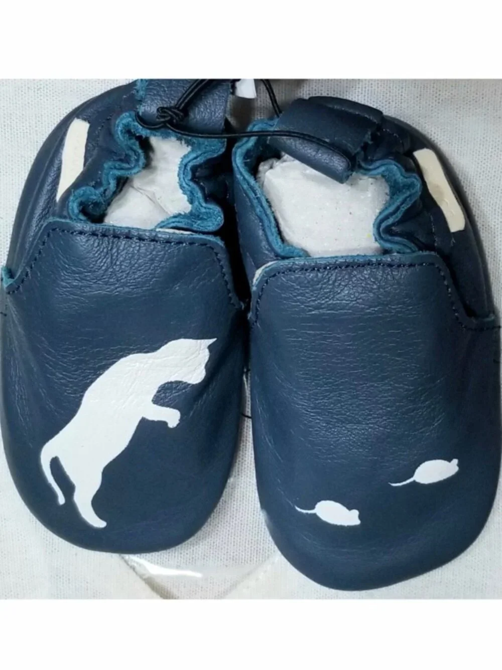 NWOT Boumy Blue Leather Baby Moccasins w/ Cat & Mouse Graphic, 3-6 M
